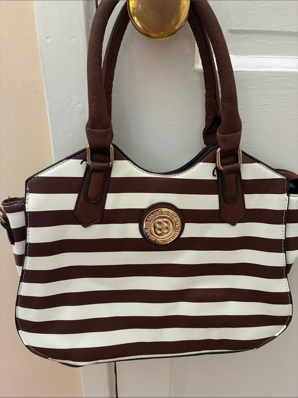 Brown & White Striped Shoulder Bag with Gold Emblem